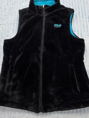 FILA Black Faux Fur Vest with Teal Blue Lining